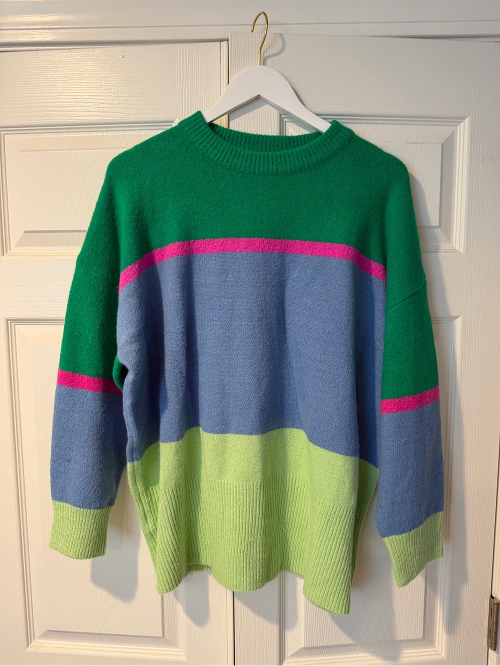 First Love Colorblock Crewneck Sweater in Green, Blue & Pink